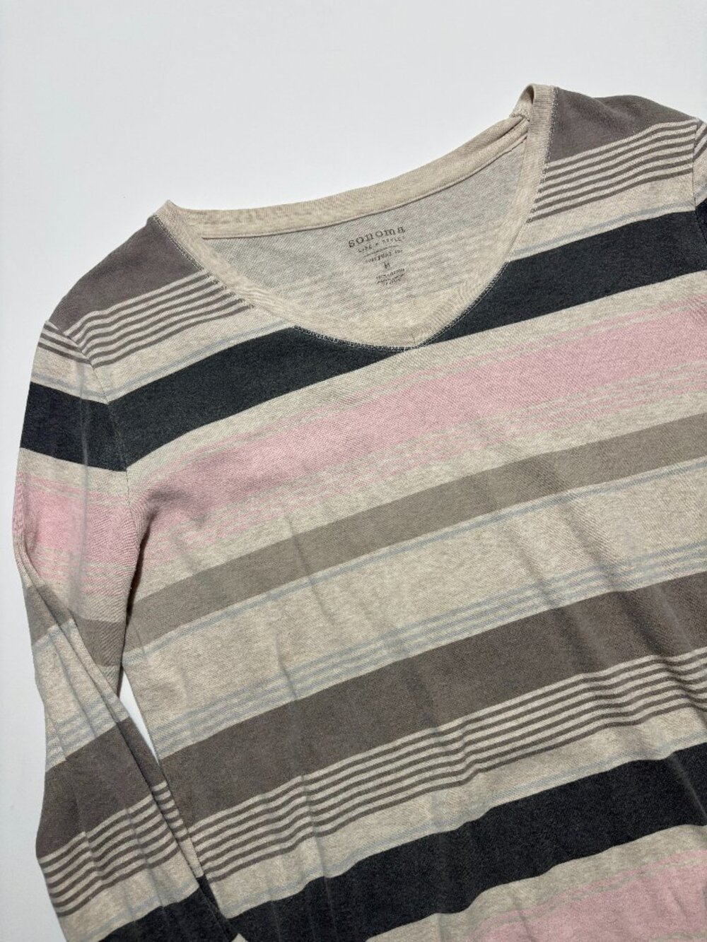 Sonoma Tan Pink & Grey Pastel Striped Everyday Long Sleeve Top